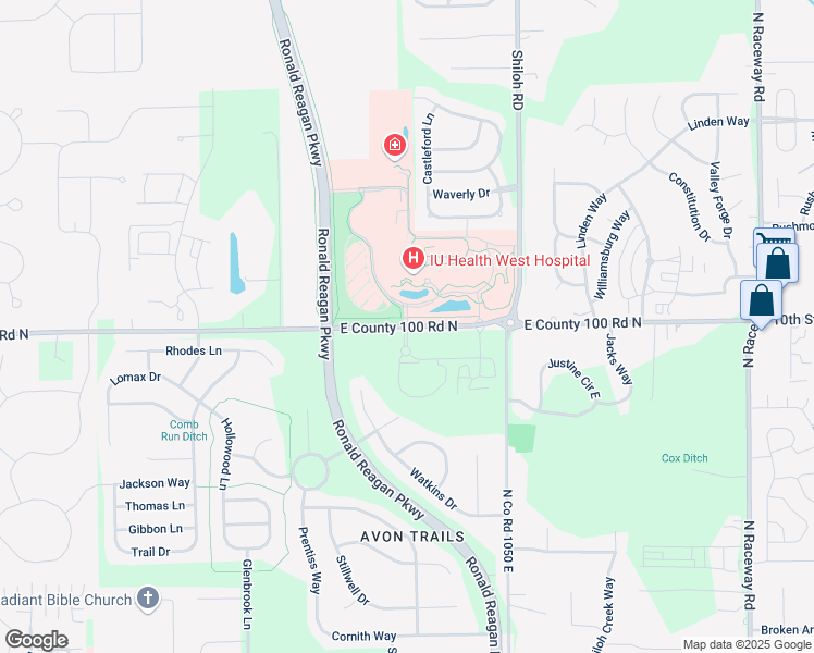 map of restaurants, bars, coffee shops, grocery stores, and more near 10346 East County 100 Road North in Indianapolis