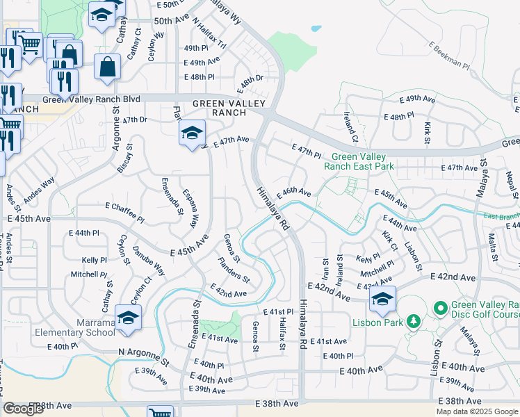 map of restaurants, bars, coffee shops, grocery stores, and more near Gibraltar Street in Denver