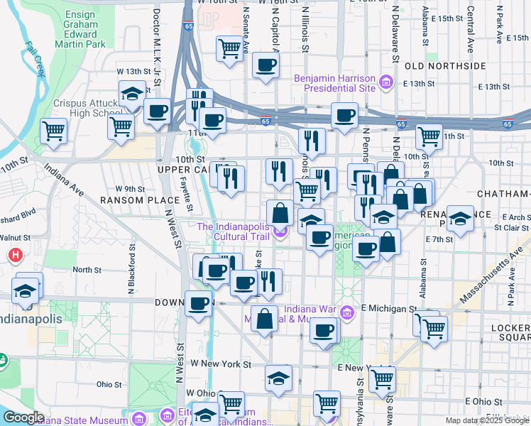 map of restaurants, bars, coffee shops, grocery stores, and more near 800 North Capitol Avenue in Indianapolis
