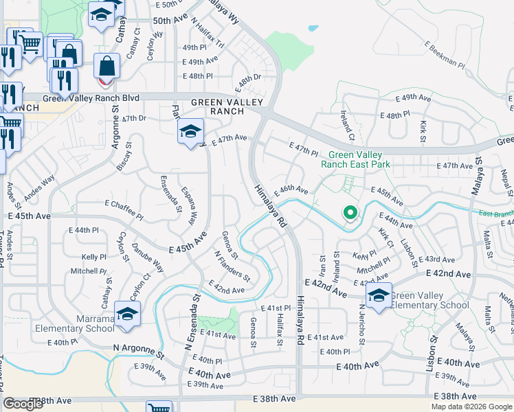 map of restaurants, bars, coffee shops, grocery stores, and more near Gibraltar Street in Denver
