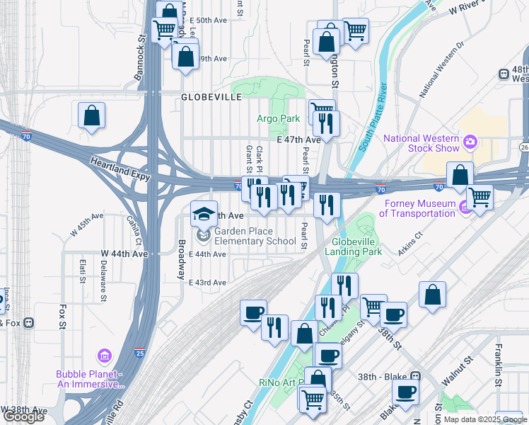 map of restaurants, bars, coffee shops, grocery stores, and more near 4500 Logan Street in Denver