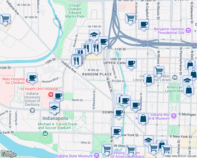 map of restaurants, bars, coffee shops, grocery stores, and more near 808 North California Street in Indianapolis