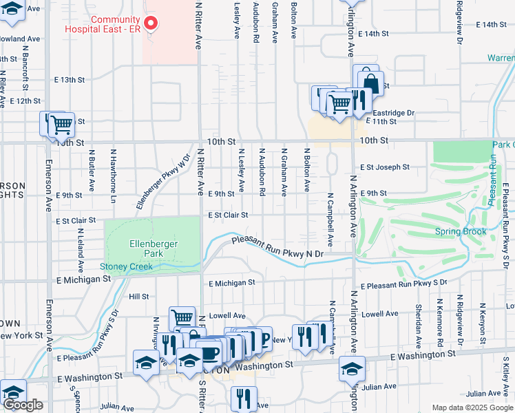 map of restaurants, bars, coffee shops, grocery stores, and more near 814 North Audubon Road in Indianapolis