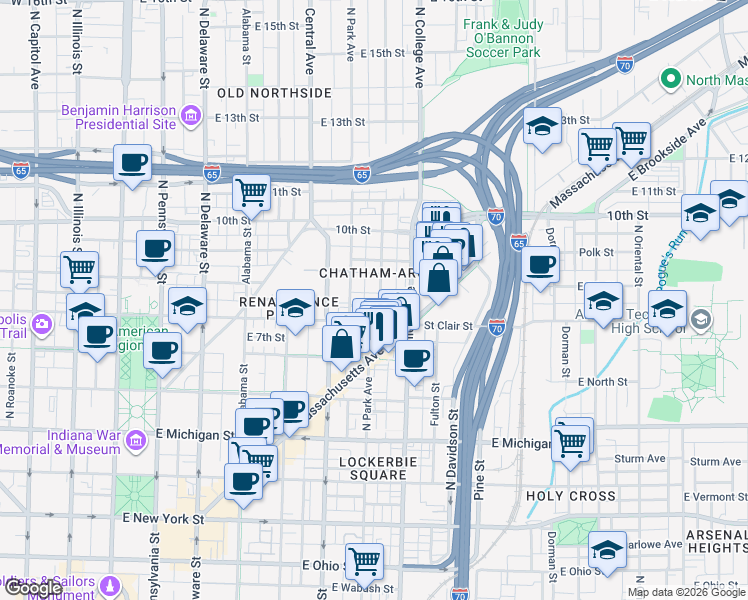 map of restaurants, bars, coffee shops, grocery stores, and more near 816 Broadway Street in Indianapolis
