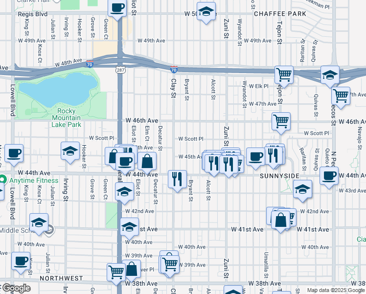 map of restaurants, bars, coffee shops, grocery stores, and more near 4535 Bryant Street in Denver