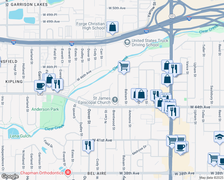map of restaurants, bars, coffee shops, grocery stores, and more near 4490 Carr Street in Wheat Ridge