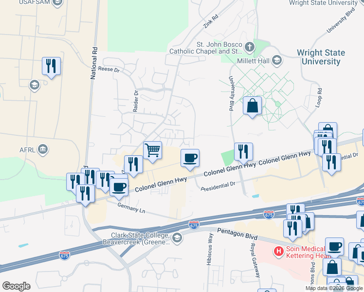 map of restaurants, bars, coffee shops, grocery stores, and more near 1380 Sanzon Drive in Fairborn