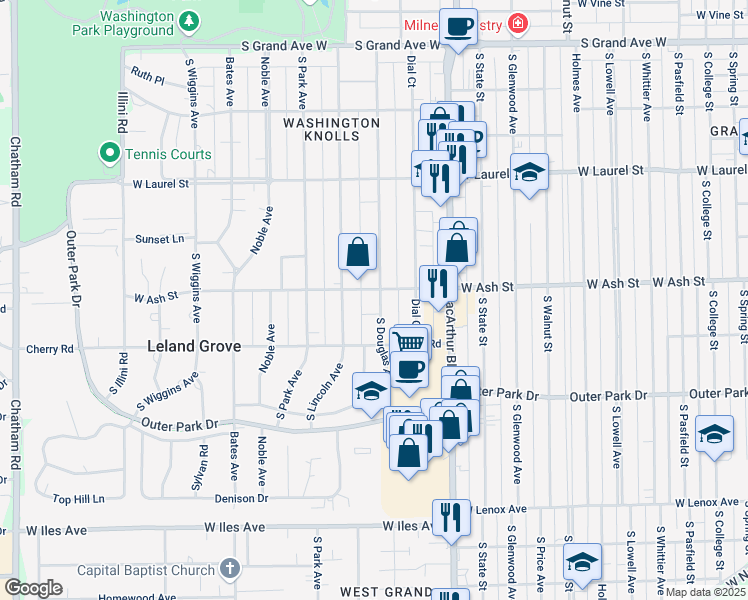 map of restaurants, bars, coffee shops, grocery stores, and more near 2007 South Douglas Avenue in Springfield