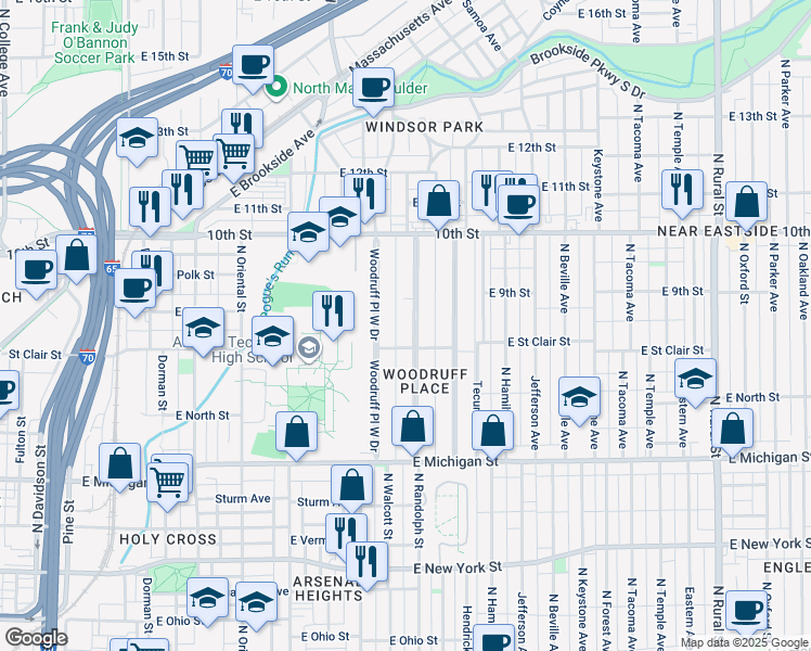 map of restaurants, bars, coffee shops, grocery stores, and more near 800 Woodruff Place Middle Drive in Indianapolis