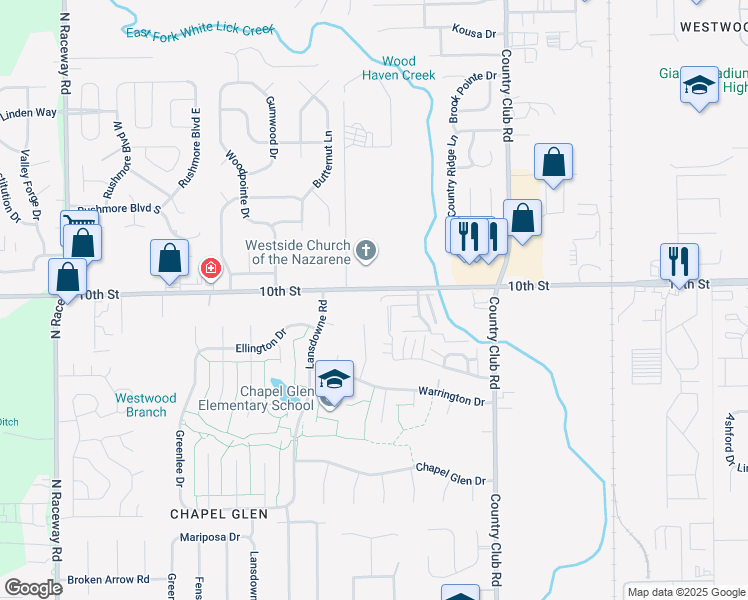map of restaurants, bars, coffee shops, grocery stores, and more near 8543 West 10th Street in Indianapolis