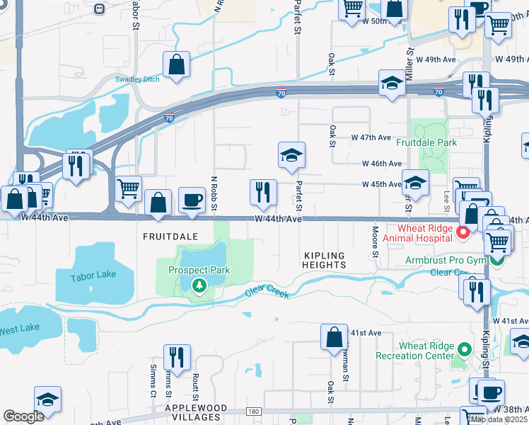 map of restaurants, bars, coffee shops, grocery stores, and more near 11221 West 44th Avenue in Wheat Ridge
