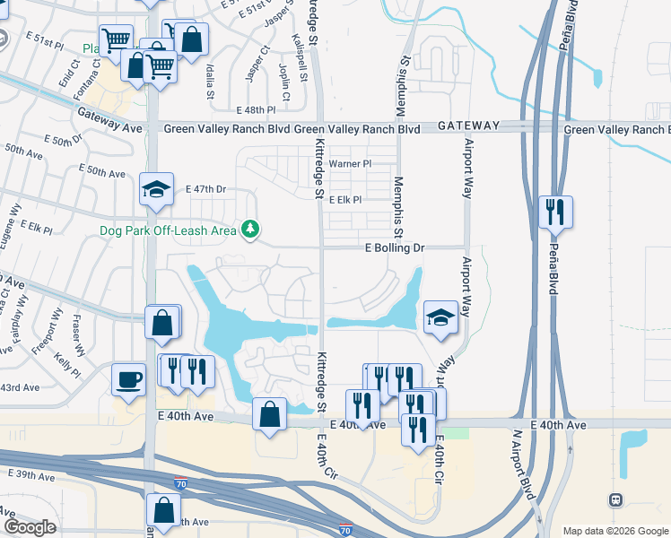 map of restaurants, bars, coffee shops, grocery stores, and more near 4450 N Kittredge Street in Denver