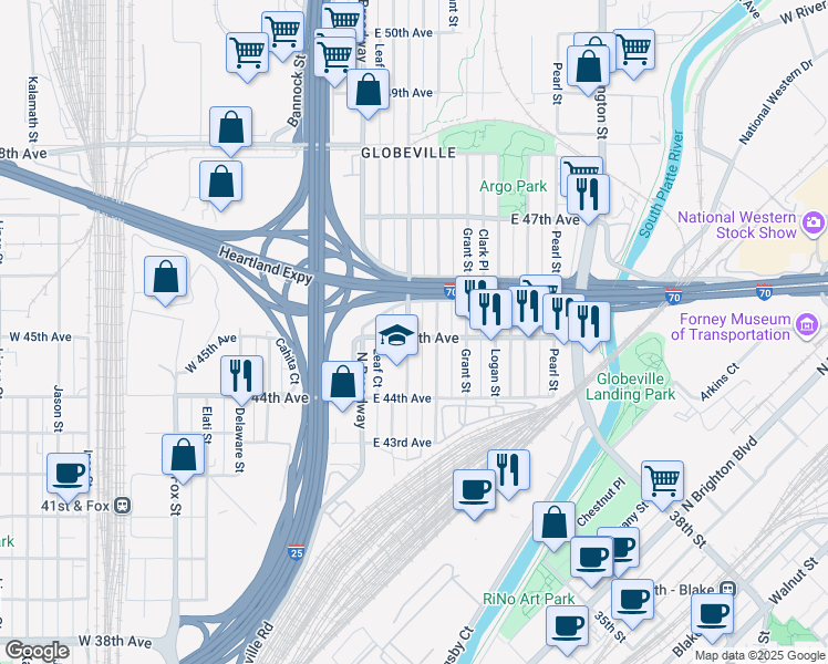 map of restaurants, bars, coffee shops, grocery stores, and more near 4505 Sherman Street in Denver