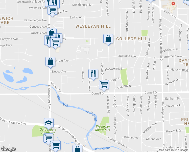 map of restaurants, bars, coffee shops, grocery stores, and more near 3635 Karwin Drive in Dayton