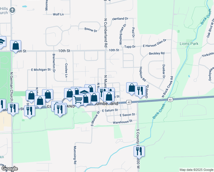 map of restaurants, bars, coffee shops, grocery stores, and more near 124 North Muessing Street in Cumberland