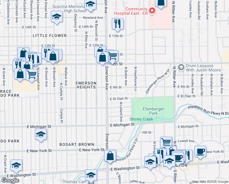 map of restaurants, bars, coffee shops, grocery stores, and more near 754 North Leland Avenue in Indianapolis