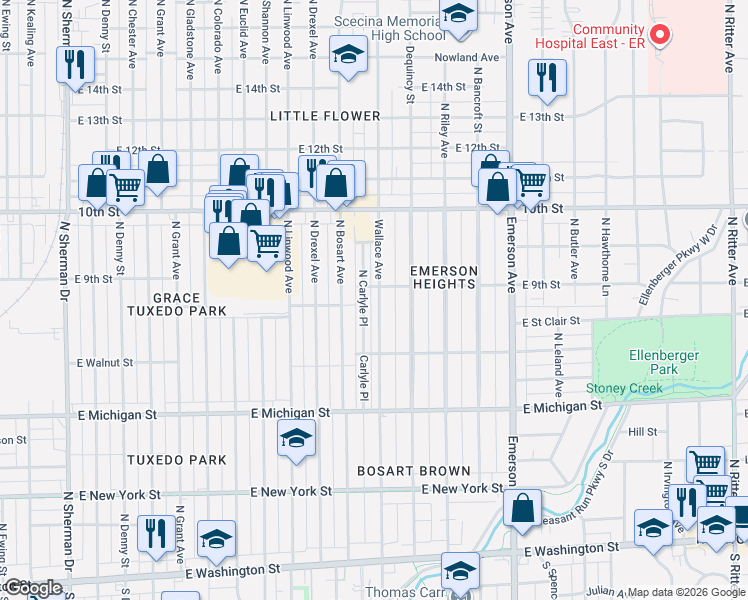 map of restaurants, bars, coffee shops, grocery stores, and more near 757 Carlyle Place in Indianapolis