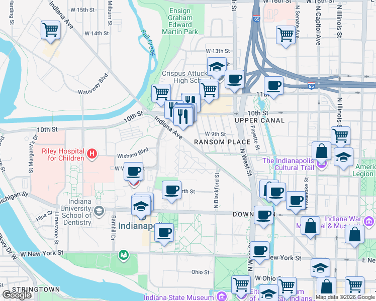 map of restaurants, bars, coffee shops, grocery stores, and more near 805 Lockefield Street in Indianapolis