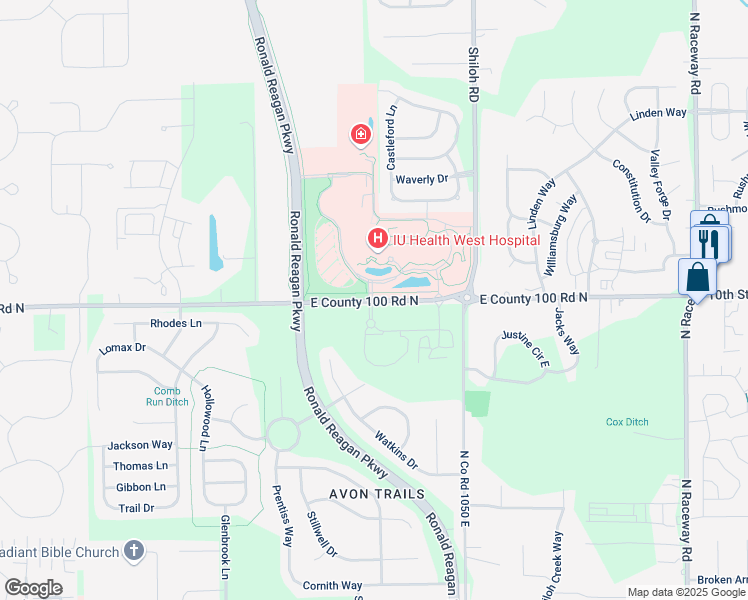 map of restaurants, bars, coffee shops, grocery stores, and more near 10346-10370 East County Road 100 North in Indianapolis