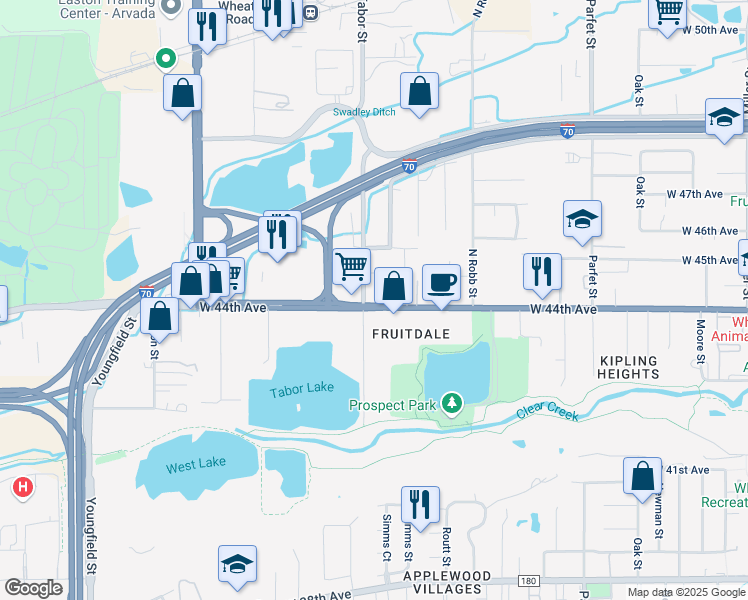 map of restaurants, bars, coffee shops, grocery stores, and more near 11691 West 44th Avenue in Wheat Ridge