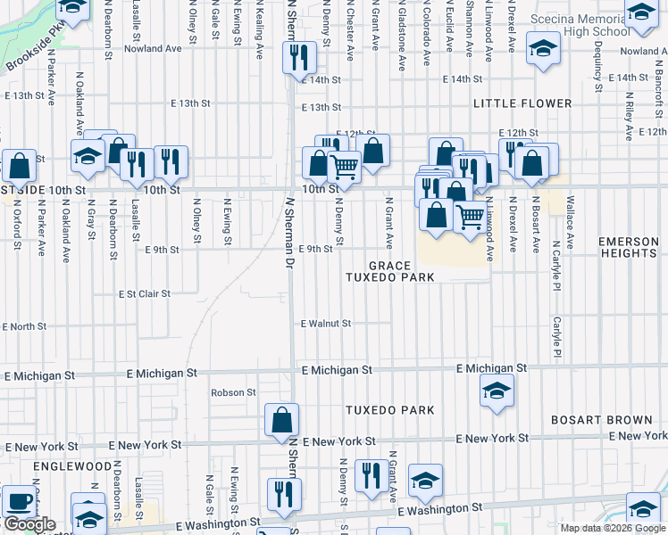 map of restaurants, bars, coffee shops, grocery stores, and more near 830 North Denny Street in Indianapolis