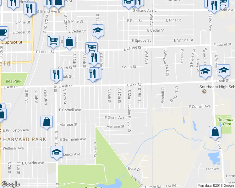 map of restaurants, bars, coffee shops, grocery stores, and more near 2127 South 17th Street in Springfield