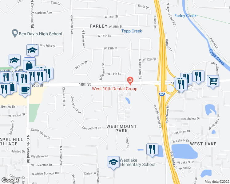 map of restaurants, bars, coffee shops, grocery stores, and more near 901 Thorndale Street in Indianapolis