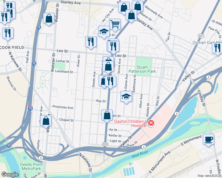map of restaurants, bars, coffee shops, grocery stores, and more near 710 Troy Street in Dayton
