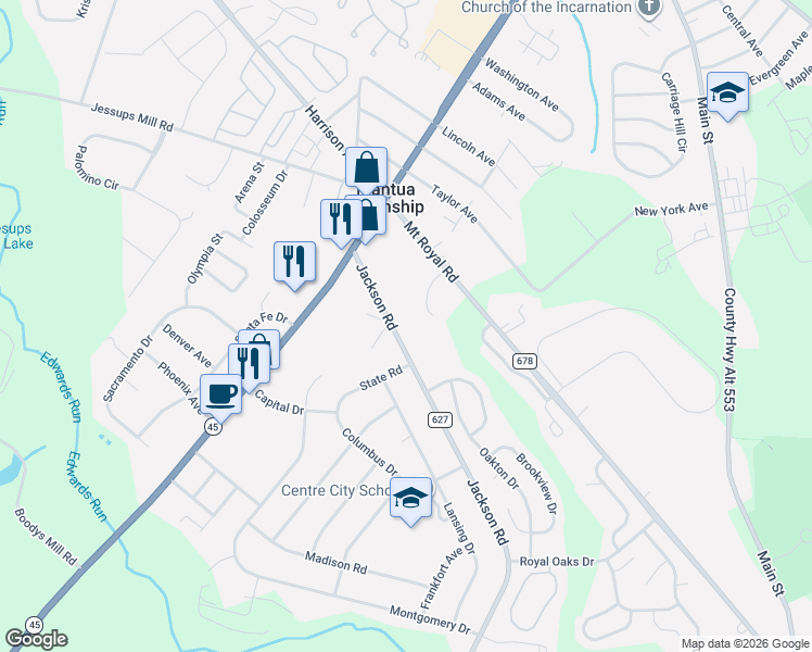 map of restaurants, bars, coffee shops, grocery stores, and more near 180 Jackson Road in Mantua Township