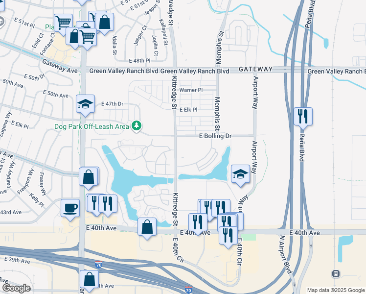 map of restaurants, bars, coffee shops, grocery stores, and more near 4450 N Kittredge Street in Denver