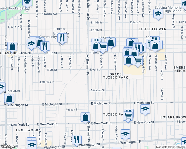 map of restaurants, bars, coffee shops, grocery stores, and more near 830 North Bradley Avenue in Indianapolis