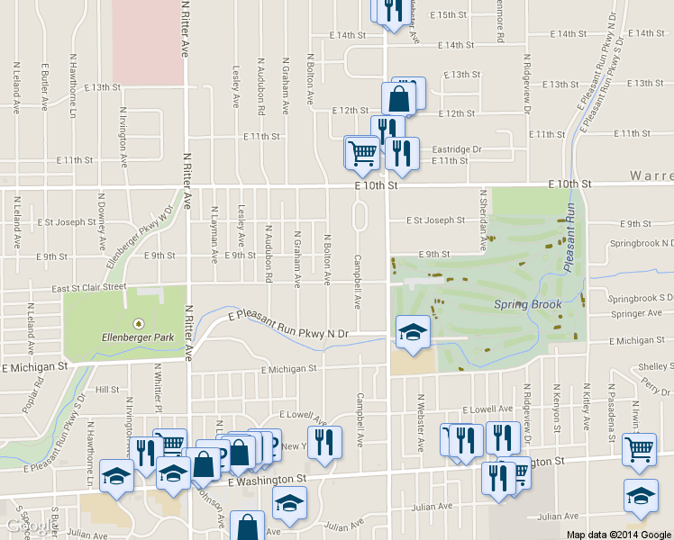 map of restaurants, bars, coffee shops, grocery stores, and more near 815 North Bolton Avenue in Indianapolis