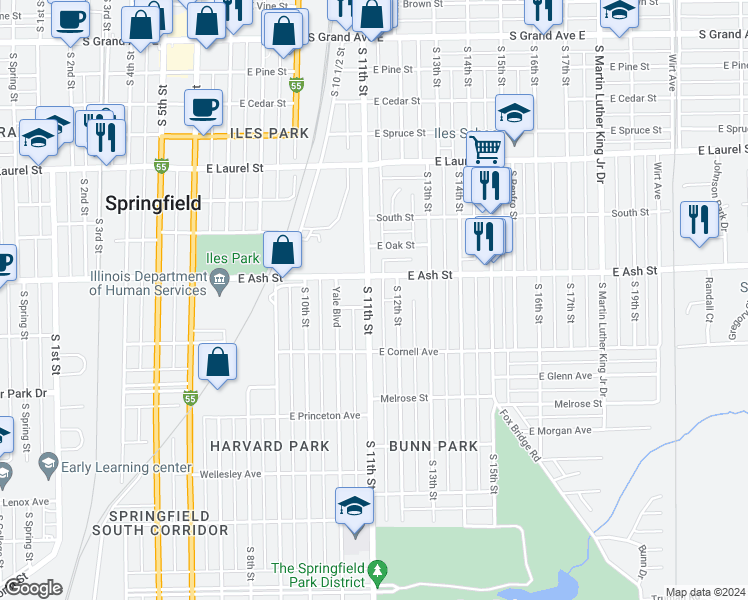 map of restaurants, bars, coffee shops, grocery stores, and more near 2124 South 11th Street in Springfield