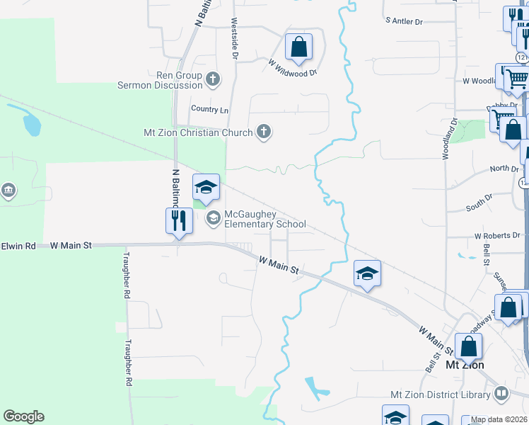 map of restaurants, bars, coffee shops, grocery stores, and more near 1100 Meadowview Drive in Mount Zion