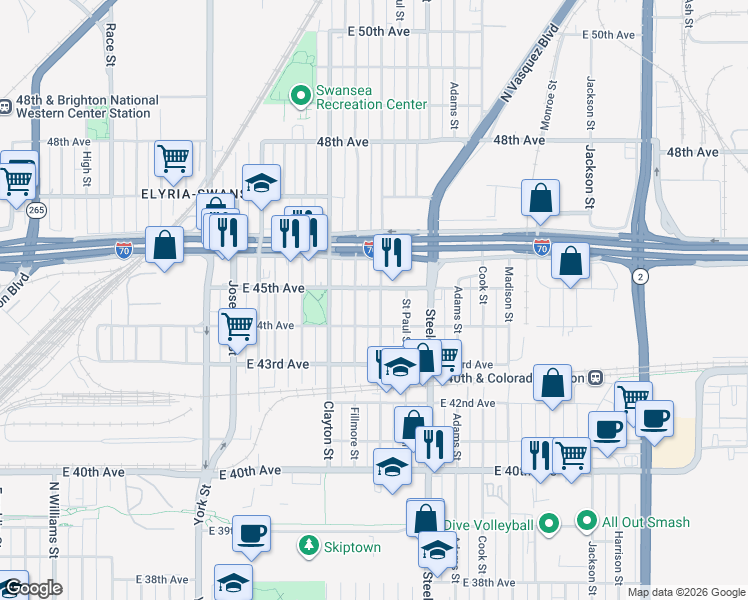 map of restaurants, bars, coffee shops, grocery stores, and more near 4445 Milwaukee Street in Denver