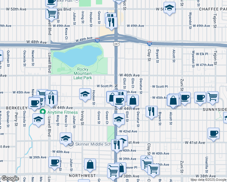map of restaurants, bars, coffee shops, grocery stores, and more near 4525 Federal Boulevard in Denver