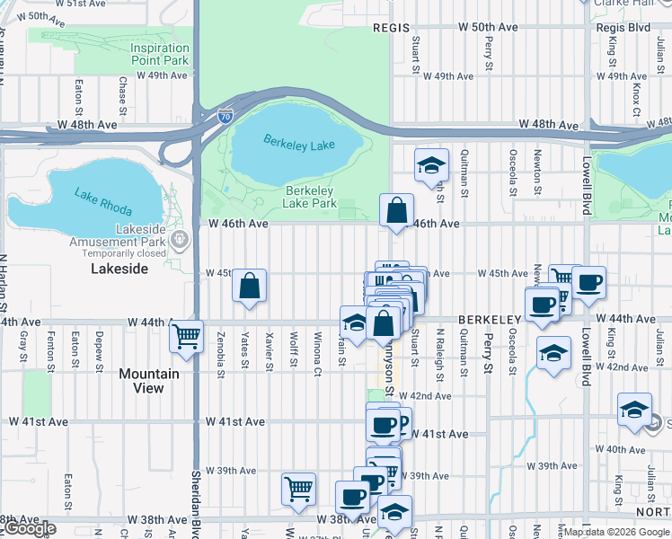 map of restaurants, bars, coffee shops, grocery stores, and more near 4501 Vrain Street in Denver