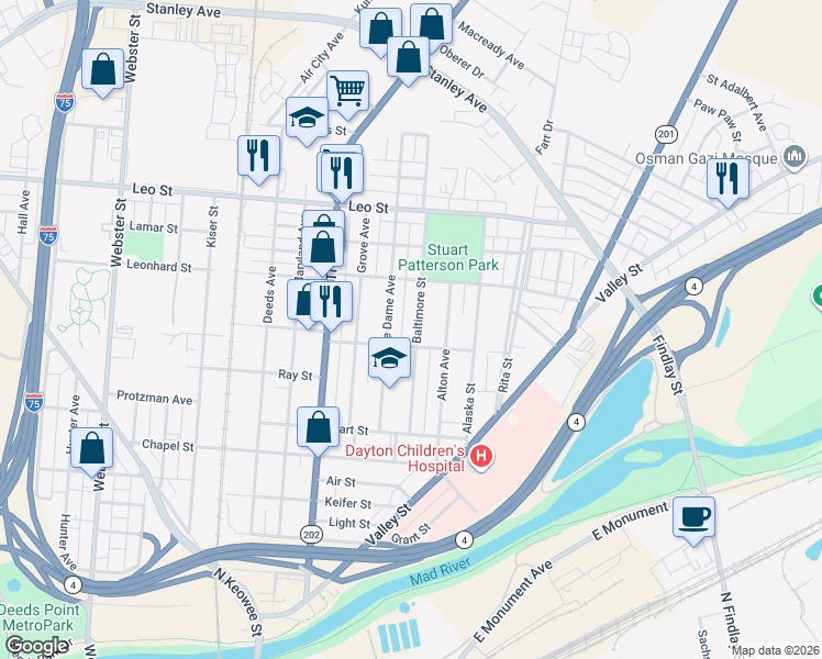 map of restaurants, bars, coffee shops, grocery stores, and more near 119 Baltimore Street in Dayton