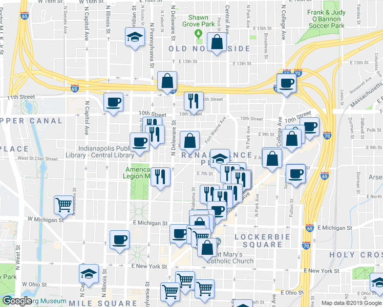map of restaurants, bars, coffee shops, grocery stores, and more near 820n North Alabama Street in Indianapolis