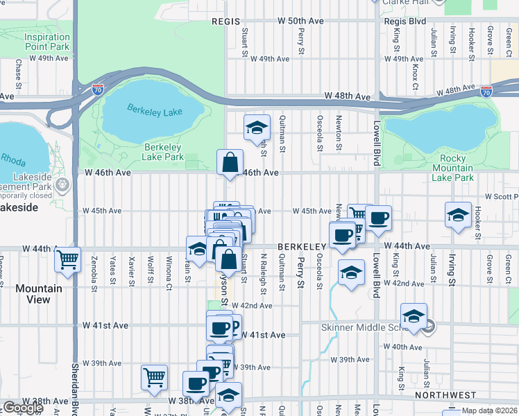 map of restaurants, bars, coffee shops, grocery stores, and more near 4205 West 45th Avenue in Denver
