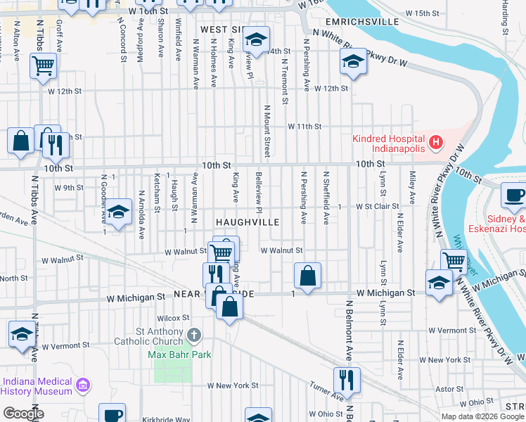 map of restaurants, bars, coffee shops, grocery stores, and more near 769 North Belleview Place in Indianapolis