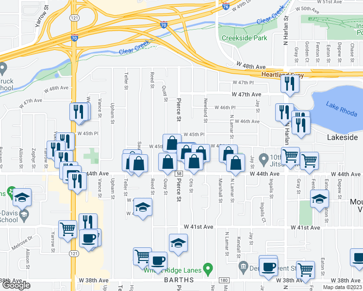 map of restaurants, bars, coffee shops, grocery stores, and more near 6785 West 45th Avenue in Wheat Ridge