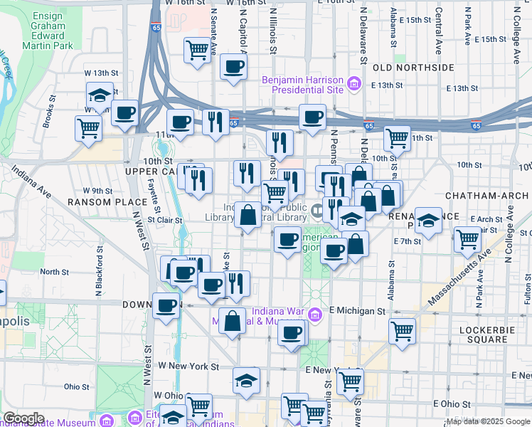 map of restaurants, bars, coffee shops, grocery stores, and more near 810n North Illinois Street in Indianapolis
