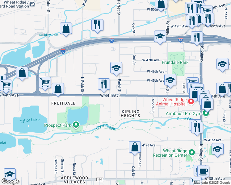 map of restaurants, bars, coffee shops, grocery stores, and more near 11049 West 44th Avenue in Wheat Ridge