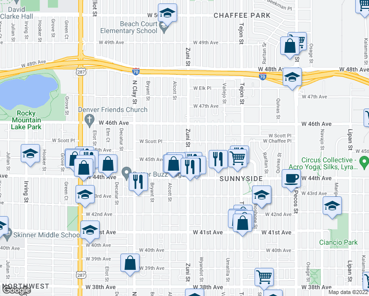 map of restaurants, bars, coffee shops, grocery stores, and more near 4541 Zuni Street in Denver