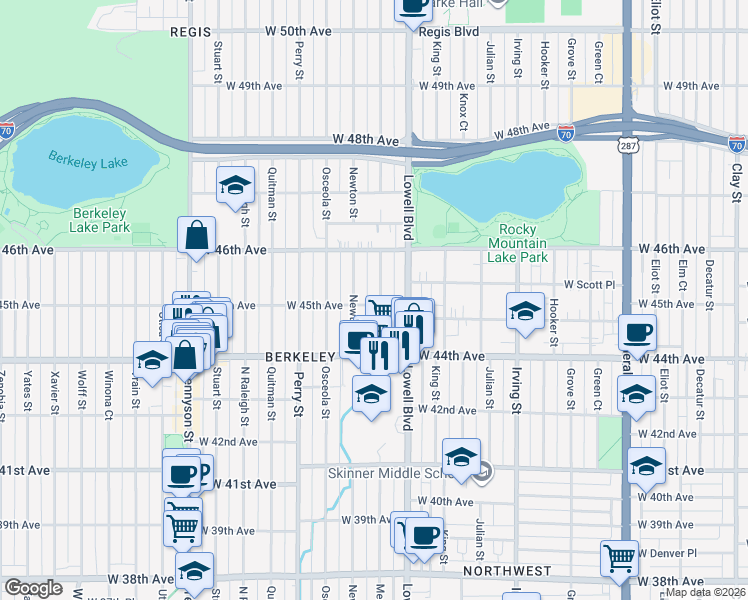 map of restaurants, bars, coffee shops, grocery stores, and more near 4503 Meade St in Denver