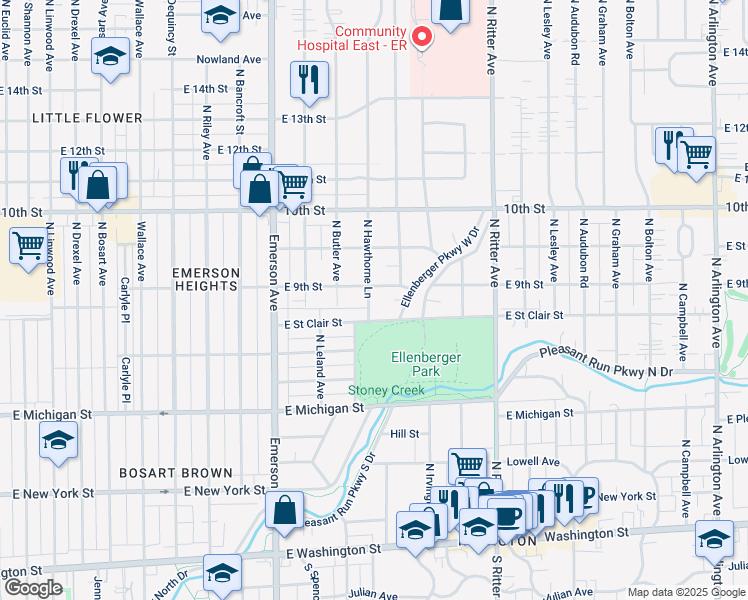 map of restaurants, bars, coffee shops, grocery stores, and more near 833 North Hawthorne Lane in Indianapolis