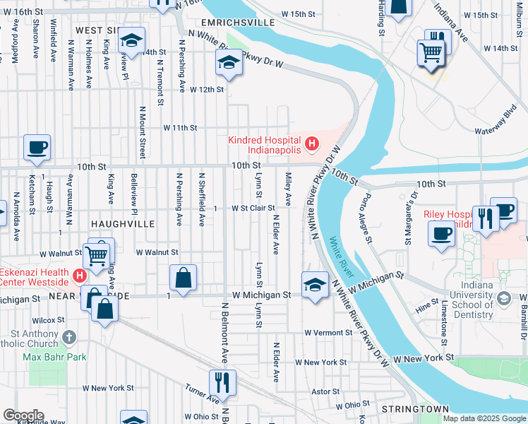 map of restaurants, bars, coffee shops, grocery stores, and more near 761 Lynn Street in Indianapolis