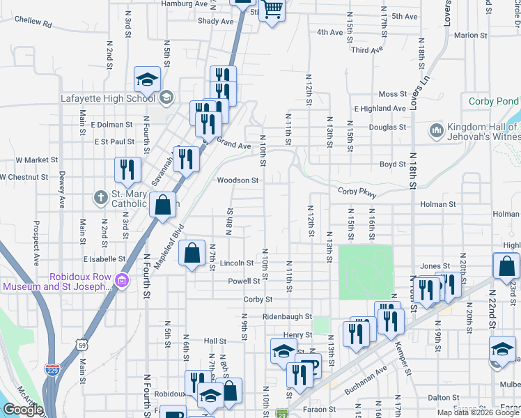 map of restaurants, bars, coffee shops, grocery stores, and more near 1409 North 10th Street in Saint Joseph