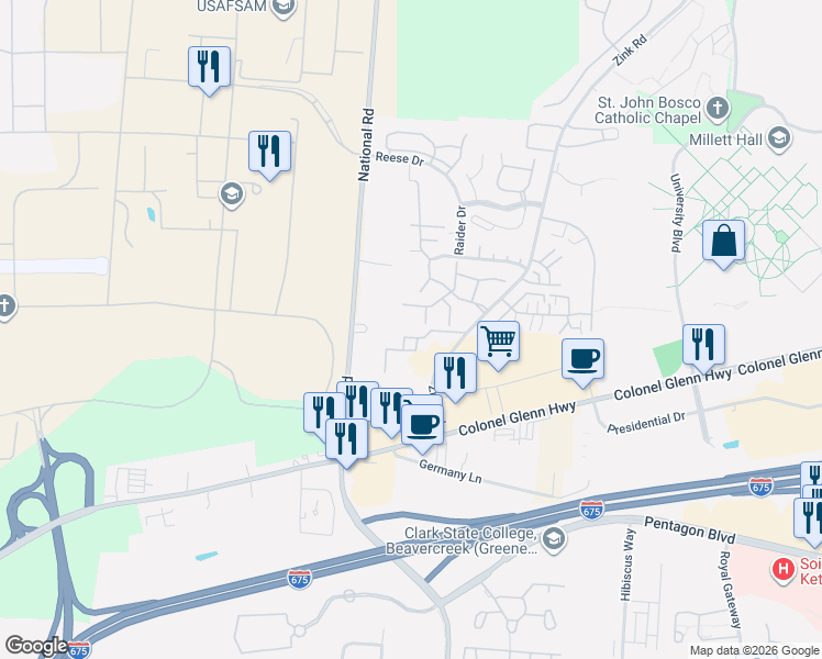 map of restaurants, bars, coffee shops, grocery stores, and more near 3944 Camberlee Way in Beavercreek